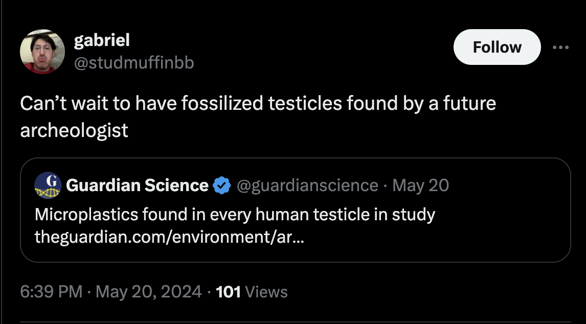 screenshot - gabriel Can't wait to have fossilized testicles found by a future archeologist GGuardian Science May 20 Microplastics found in every human testicle in study theguardian.comenvironmentar... 101 Views
